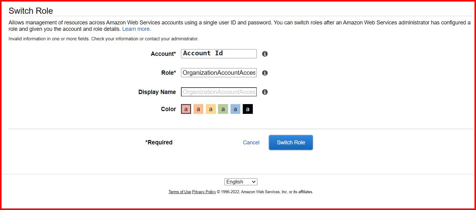Picture showing the switch role screen to enter the account no and role name